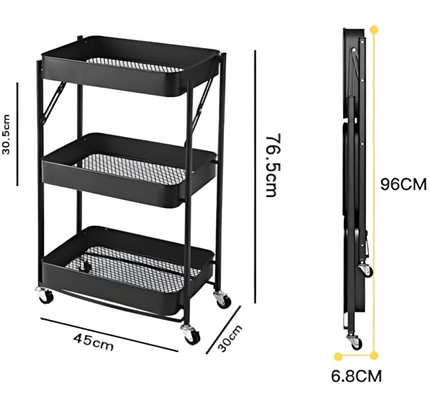 عربة تخزين قابلة للطي بثلاث طبقات مع عجلات