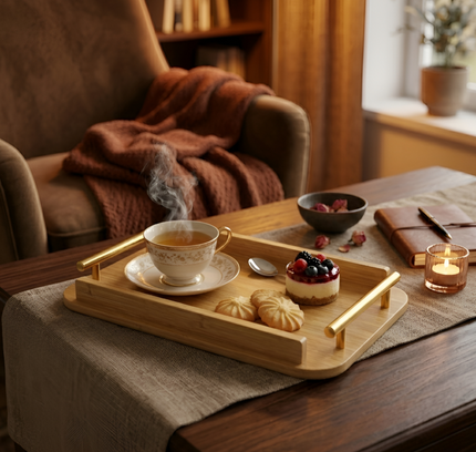 Bamboo Serving Tray With Golden Handle