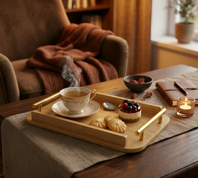 Bamboo Serving Tray With Golden Handle