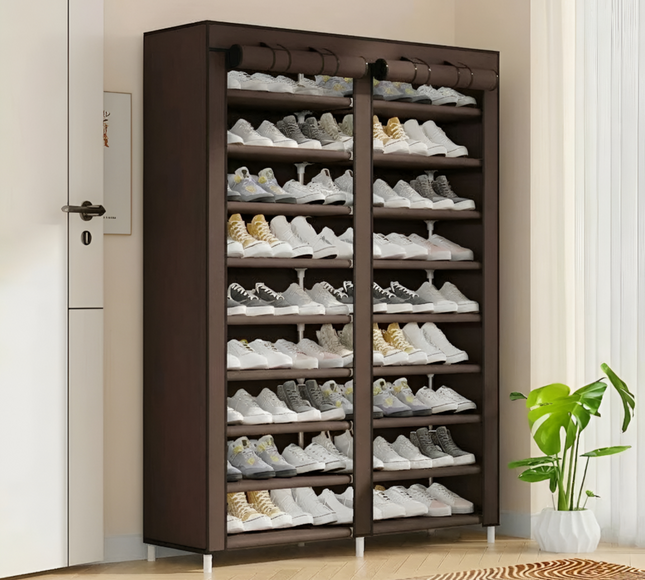 Double Row Portable Fabric Cover Shoe Rack 10 Layer