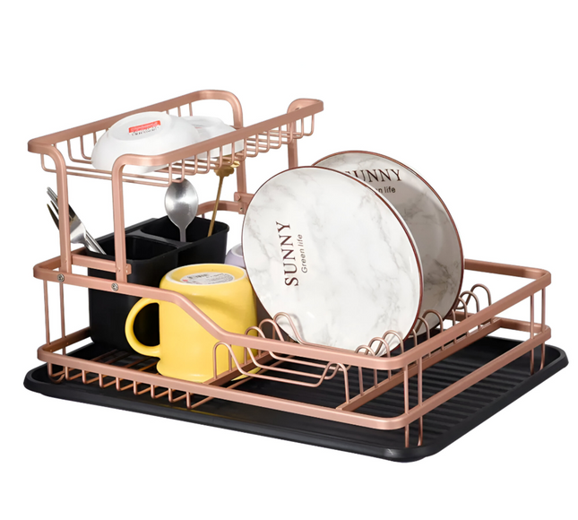 رف أطباق مطبخ من الفولاذ المقاوم للصدأ مكون من طبقتين باللون الذهبي