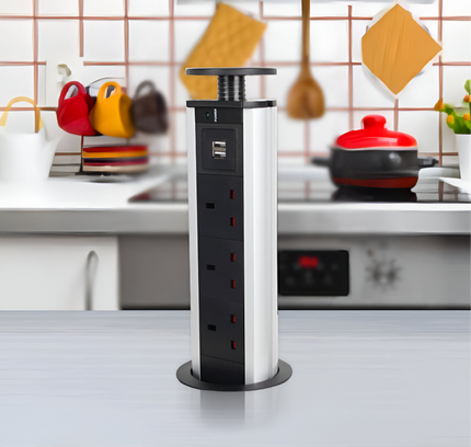 سلك تمديد منبثق بثلاثة مقابس مع منفذي USB