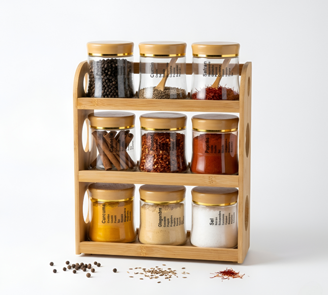 Spice Storage Glass Jars With Bamboo Stand 9 Pcs