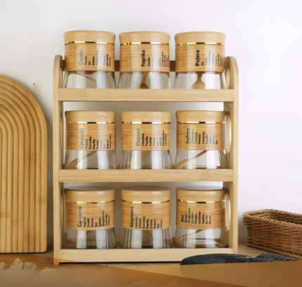 Spice Storage Glass Jars With Bamboo Stand 9 Pcs