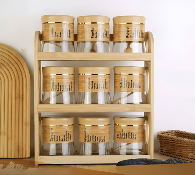 Spice Storage Glass Jars With Bamboo Stand 9 Pcs