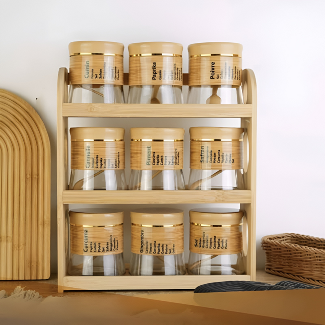Spice Storage Glass Jars With Bamboo Stand 9 Pcs