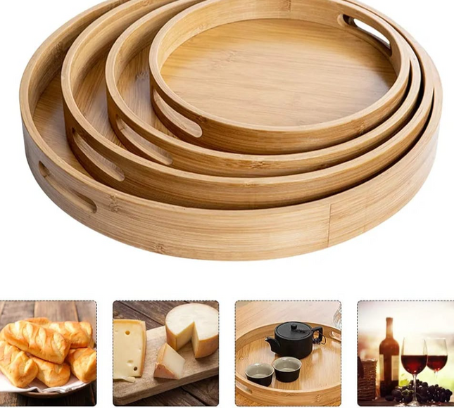 Bamboor Round Serving Tray Set with Handle 4 pcs