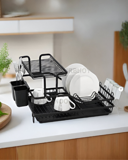 2 Layer Kitchen Stainless Steel Dish Rack black