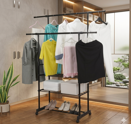 Garment Rack Extendable Double Rod With Shoe Rack