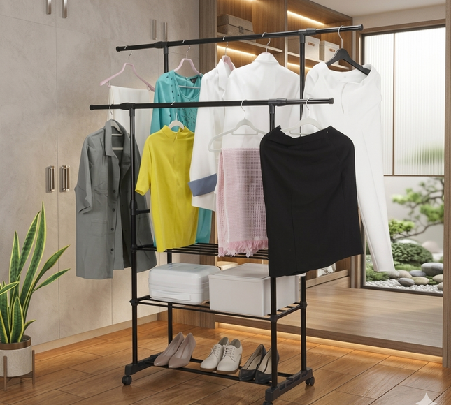Garment Rack Extendable Double Rod With Shoe Rack