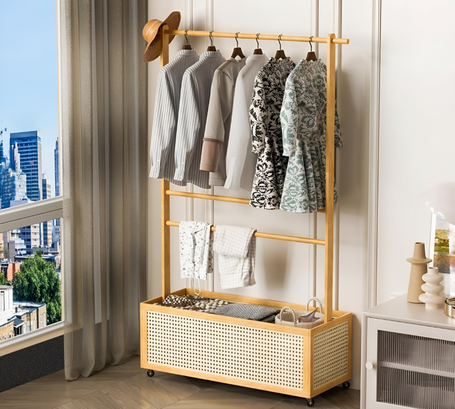 Bamboo Clothes Rack with Basket